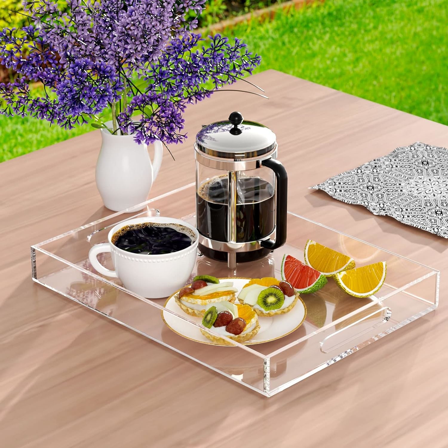 Clear Serving Tray Spill Proof- Acrylic Decorative Tray Organiser For Ottoman Coffee Table Countertop With Handles