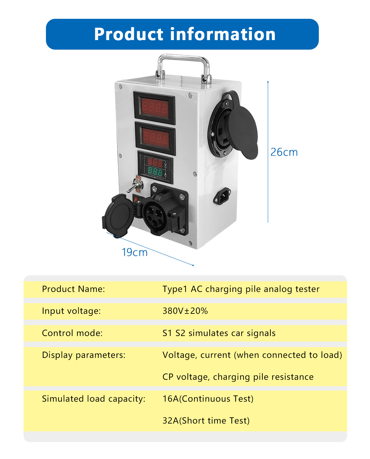 EV Charging Tester Type1/J1772 Tester 48A Max Power Charger For Energy Cars