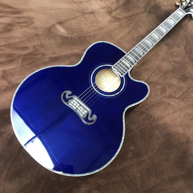 Custom 43 Inch Sky Blue Lacquered Solid Wood Polished Jumbo Flamed Maple Back Side Cutaway Acoustic Guitar