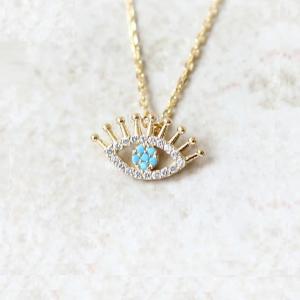 Wholesale 925 Sterling Silver Micro Pave Clear CZ and Turquoise Evils Eyes Pendant Necklace NECKLACES from china suppliers