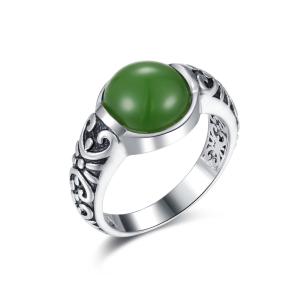 Wholesale Carved 925 Silver Gemstone Rings 10x10mm Round Shaped Dark Green Jade Ring from china suppliers