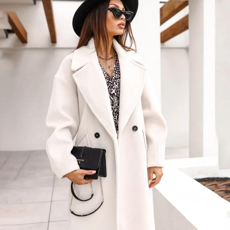 Fall and Winter Woman&prime;s Coats Ladies Jackets Double Cotton Solid Turn Down Collar Long Coats for Women