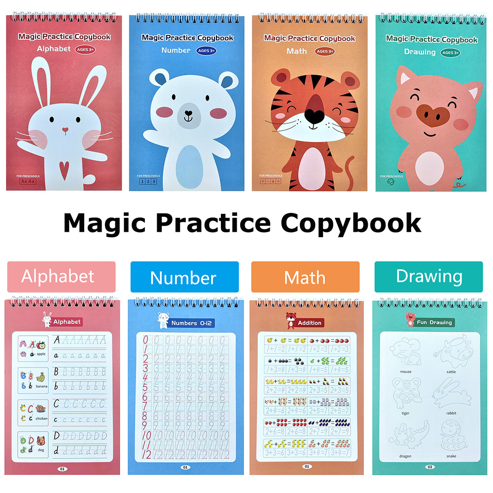Reusable Writing Notebook for Kids 4 Books 1 Pen English Magic Practice and Calligraphy