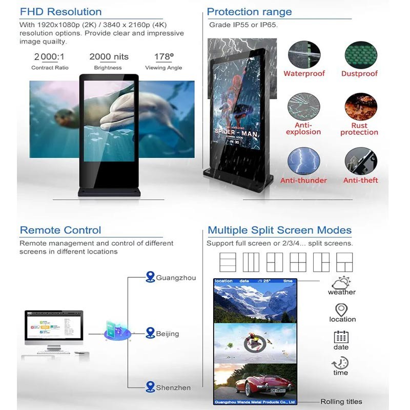 Floor Standing LCD / LED Advertising Kiosk Digital Signage Waterproof IP55 IP65 IP66