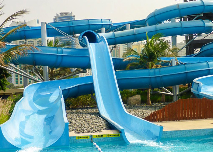 Blue Yellow Water Park Slide Combined , Fiberglass Large Spiral Slide Equipment
