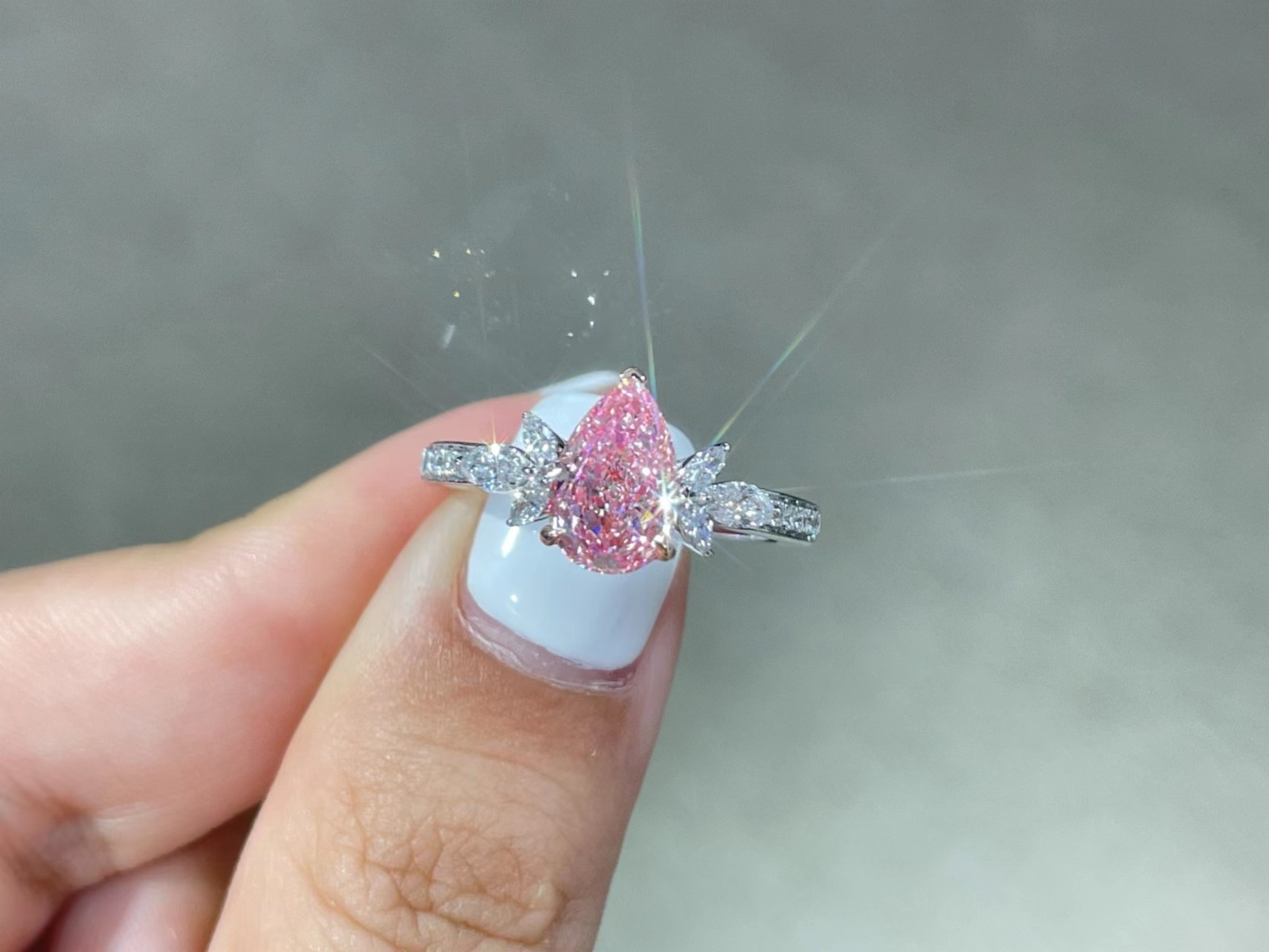 Pear Brilliant Cut Laboratory Fancy Pink Synthetic Diamond 1.7ct Main Stone 18K White Gold Set Engagement Ring