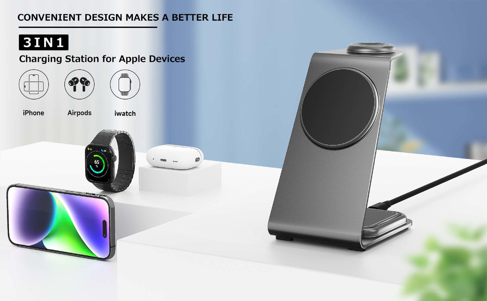 Fast Wireless Charging Aluminum Alloy Charger for iPhone Samsung Smartphones Earbuds & iWatch