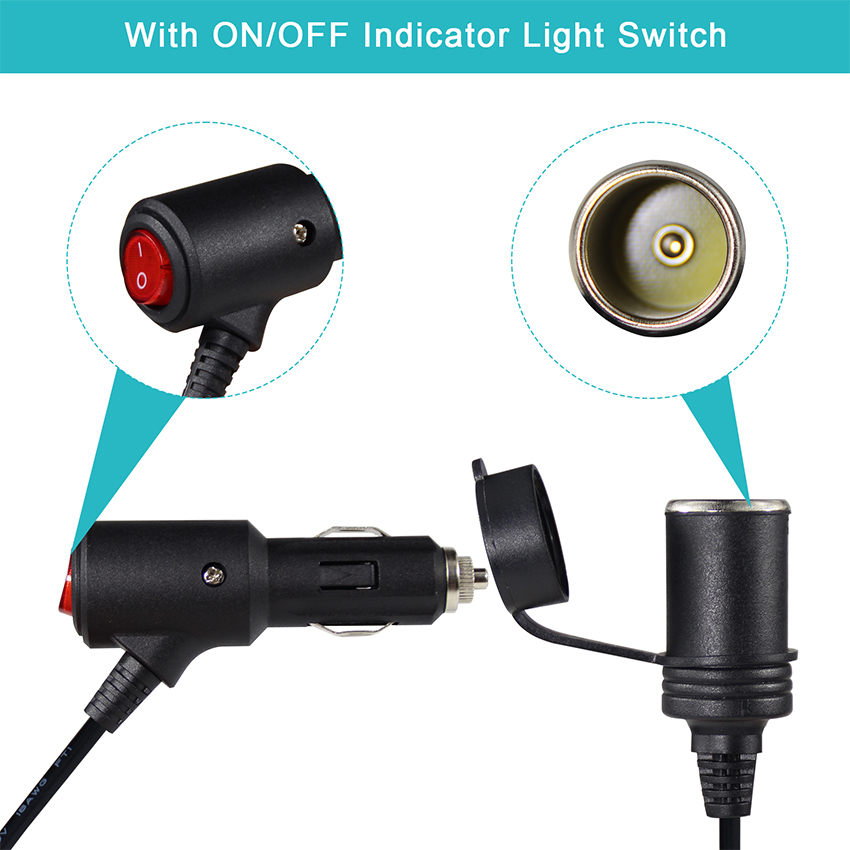 Car Cigarette Lighter Charger with Switch and Male To Female Connector