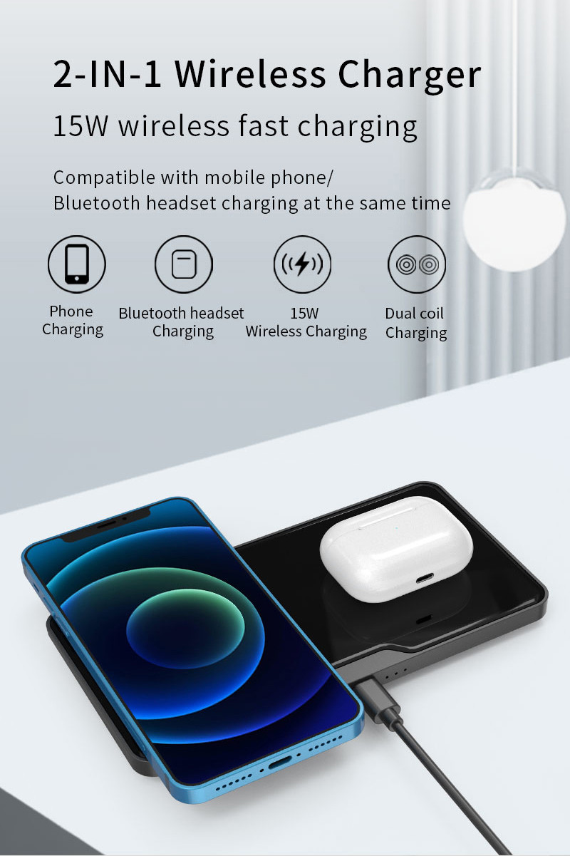QI 15w 2 In 1 Fast Charging Wireless Charger Duo Pad For S21