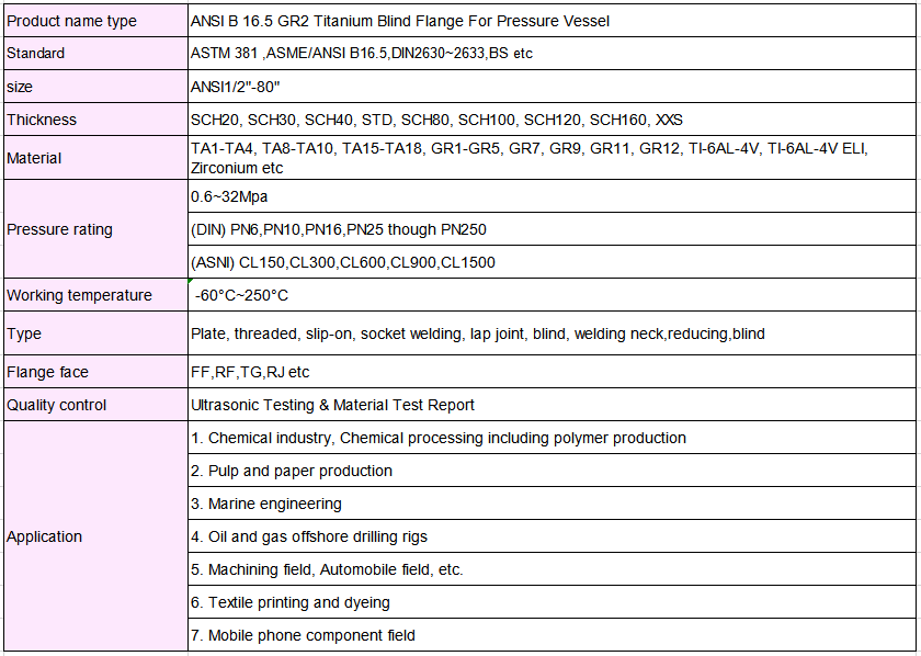 Customized Titanium Blind Flange Class 150-2500 Gr2 Gr7 Gr12 Pharmaceutical Use
