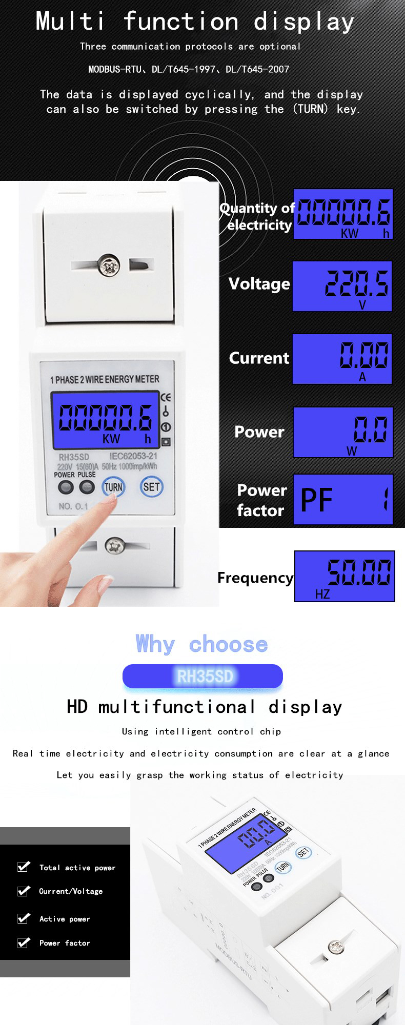 35SD Multi-function display DIN Rail Single Phase 2P Digital Power meter