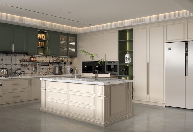 Almond Rose Custom Stainless Steel Kitchen Cabinets Easy Clean Fadior Luxe Series