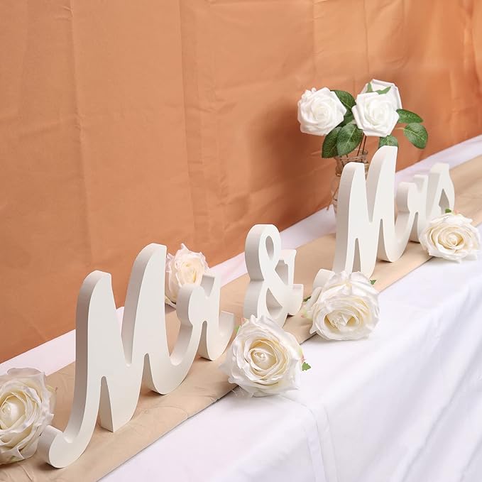 Large White Mr & Mrs Sign for Wedding Table with Just Married Banner - Wooden Letter Decorations for Anniversary