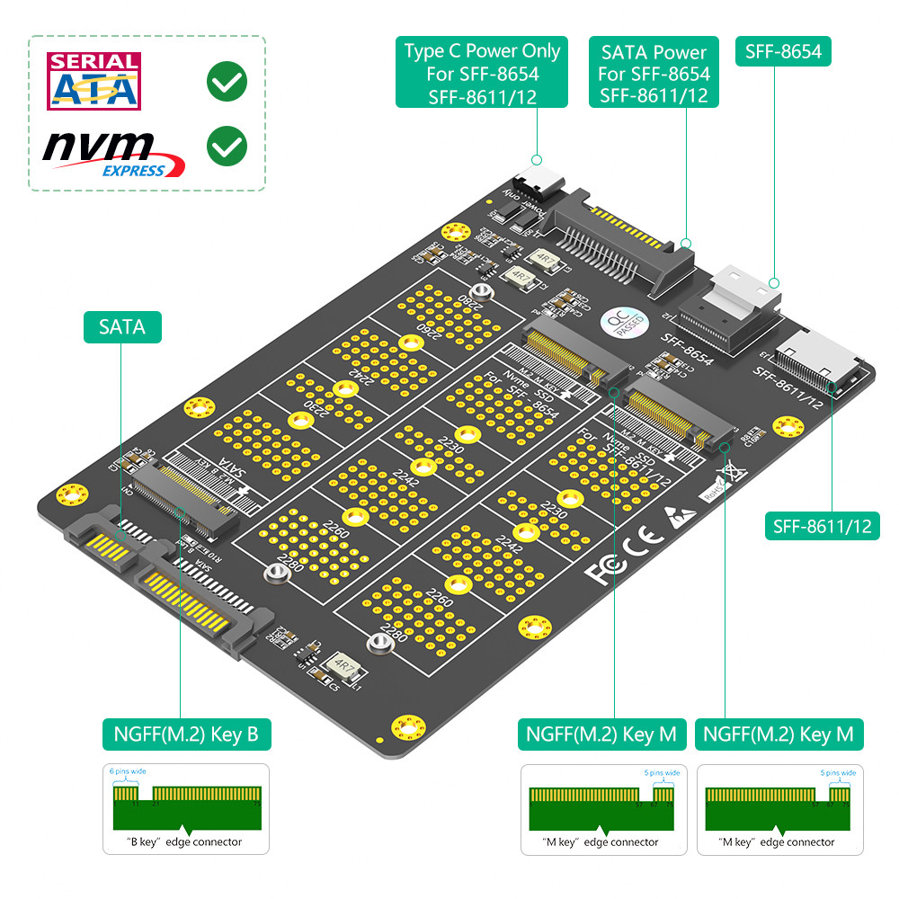 3 in 1 Combo M.2(NGFF) NVMe SSD/SATA-Bus SSD to SFF-8611/8612 8654/and SATA Adapter
