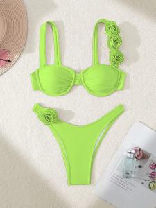 Wholesale Striped Floral Ruched Halter Design Bikini Swimsuit for Beach and Vacation from china suppliers