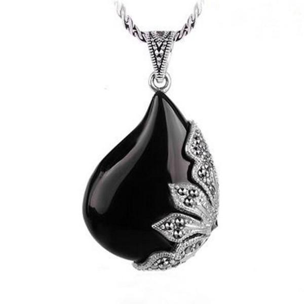 Vintage Jewelry 925 Silver Black Onyx Marcasite Drop Pendant Necklace 18 Inches