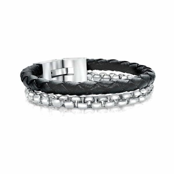 Stainless Steel Men's Black Leather Rope Bracelet Diy Leather Charm Bracelet