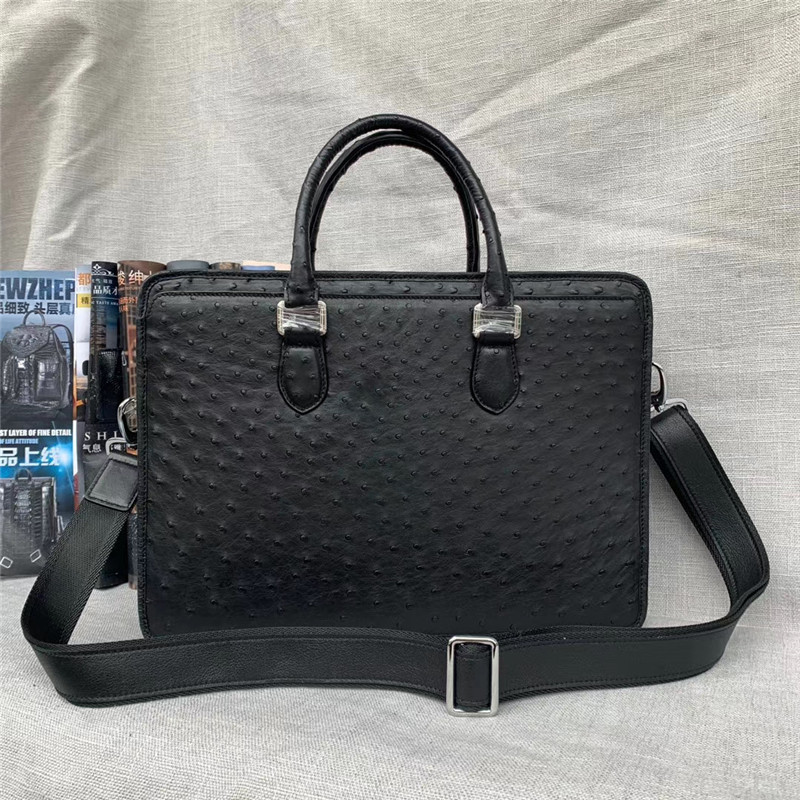 Authentic Real True Ostrich Skin Businessmen Large Laptop Briefcase Shoulder Bag Genuine Leather Top-handle Male Handbag