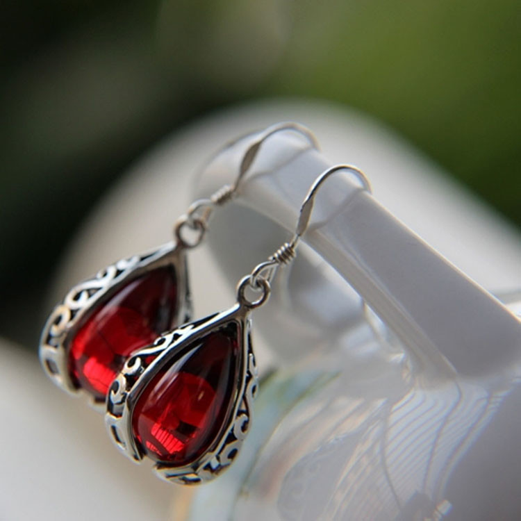 Thai Vintage Sterling Silver Drop Created Garnet Dangle Earrings (E12038)