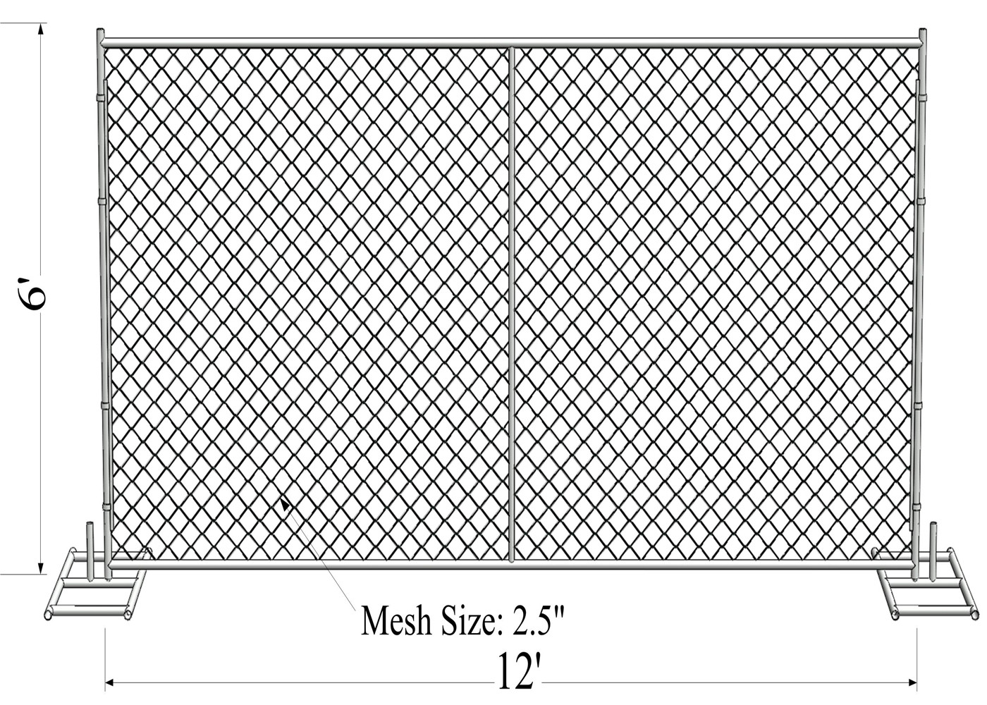 8'x12' construction chain link fence panels 1⅝"(41.2mm) with a wall thickness 16ga /1.6mm mesh aperture 2¼"x2¼"(57mmx57