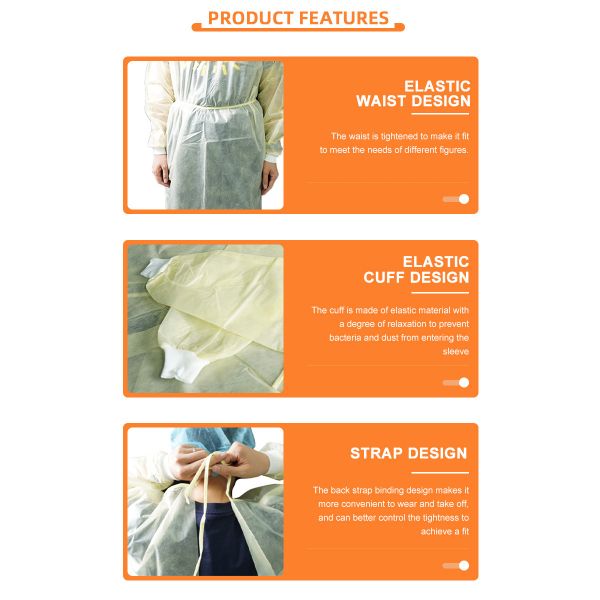 Disposable PP Polyethylene Disposable Isolation Gown with Knitted Cuff and Waist 2 Ties