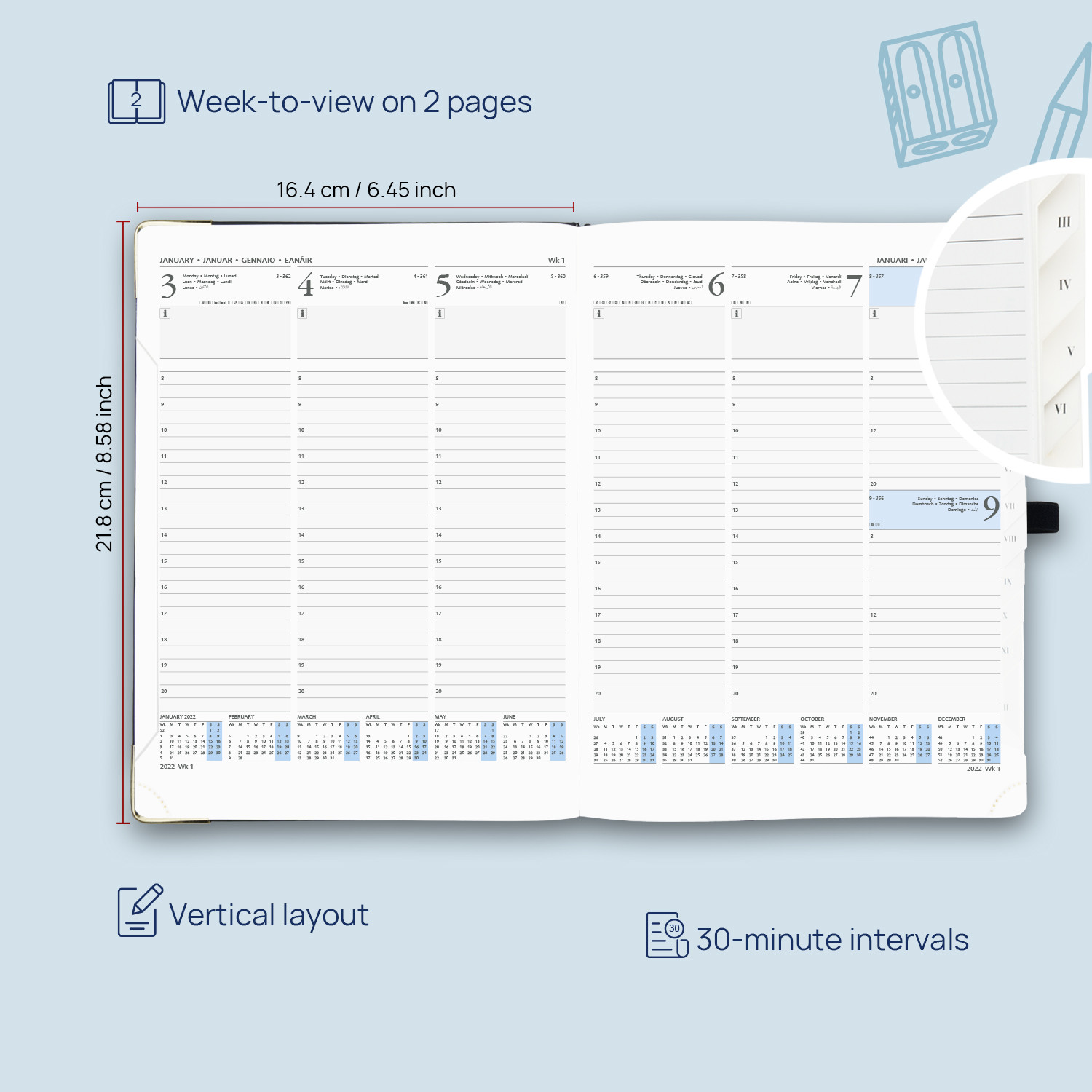 Blue 7.75''X 6.5'' Vertical Layout Weekly Planner 2023 2024 12 Month