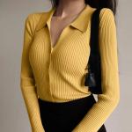 Lapel Slim Top Women′s Hollowed out Button Sexy V-Neck Long-Sleeved Polo Neck