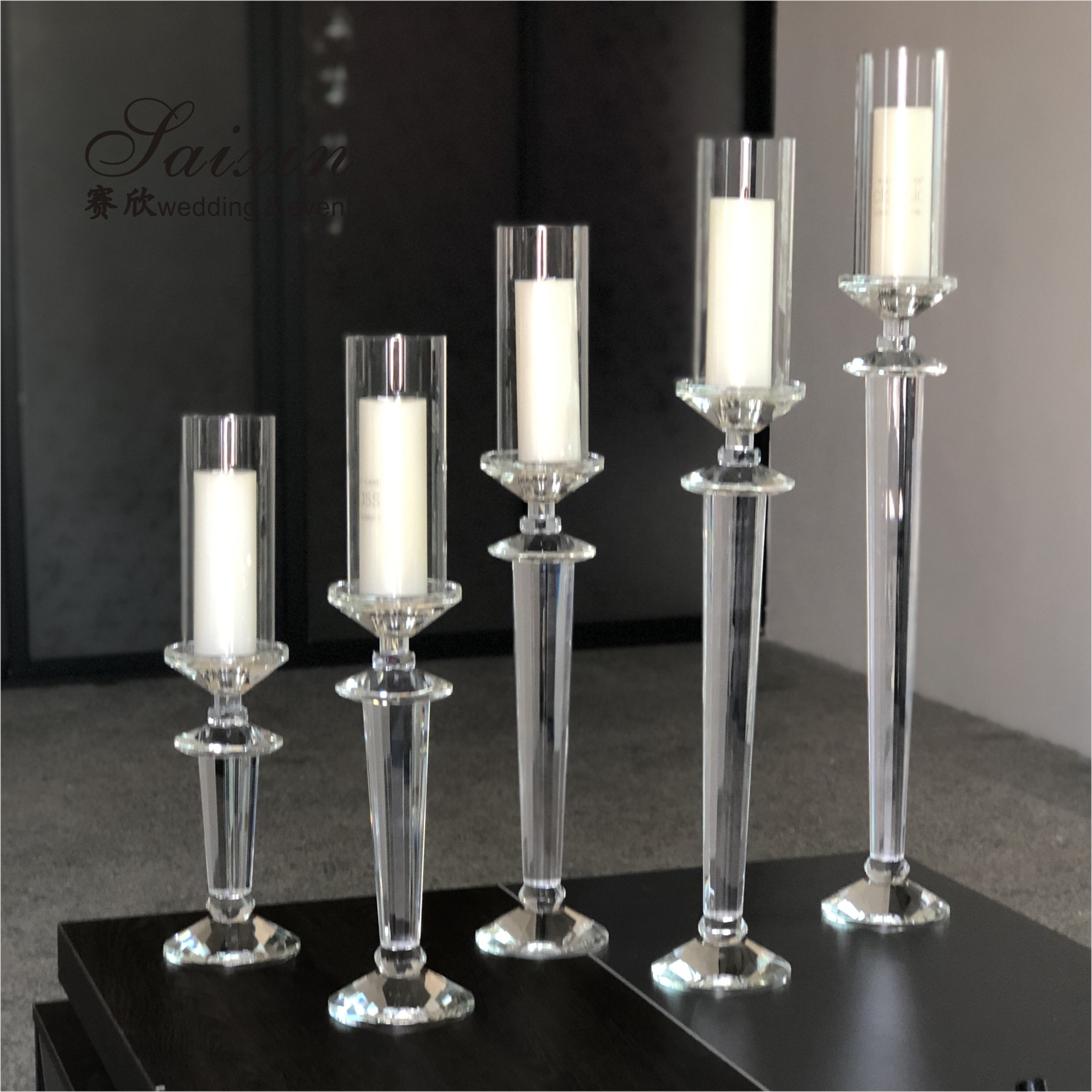 Gold Metal Candle Holder Centerpiece Set Candlestick Champaign Glass Tube