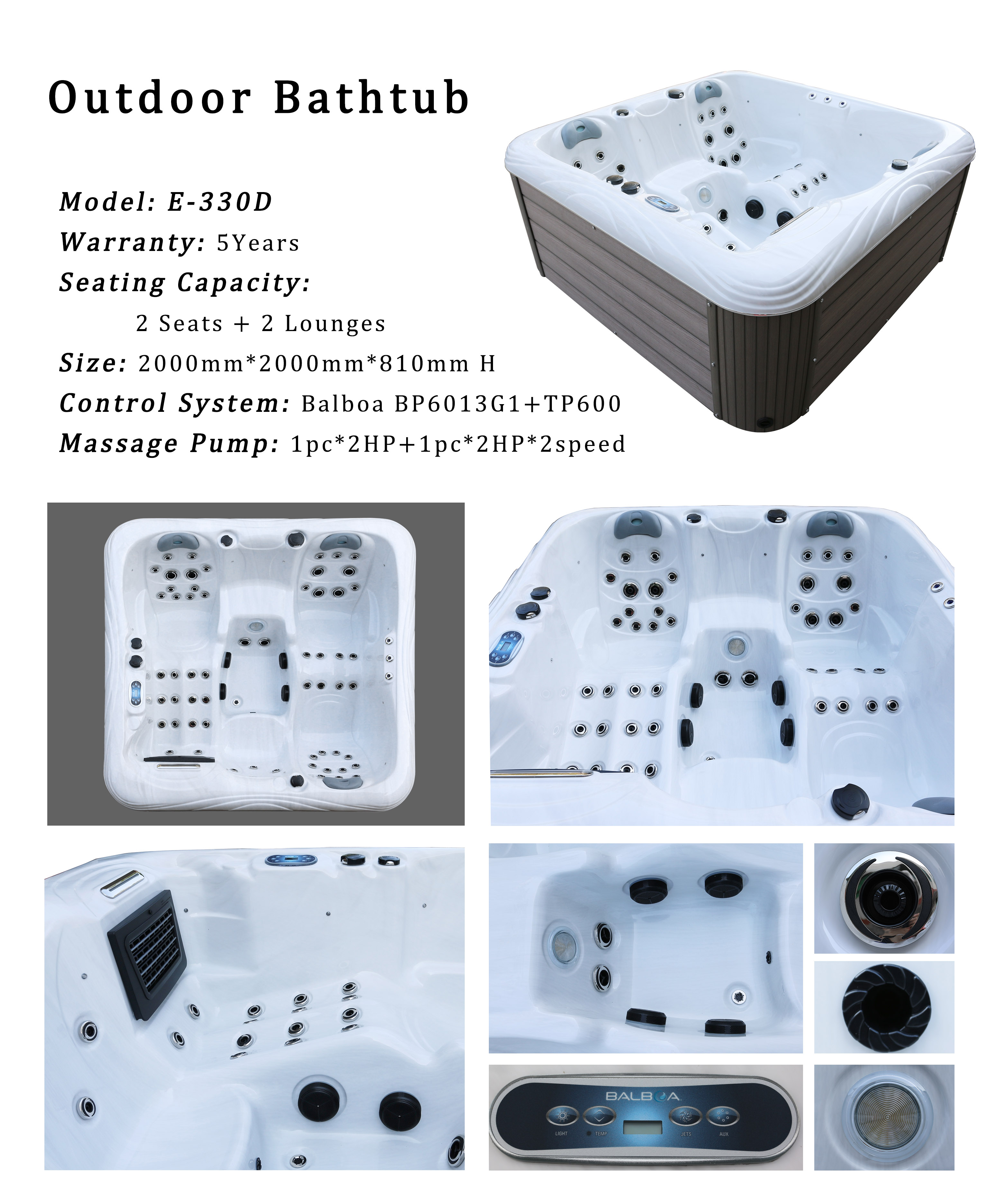 2m Acrylic Hot Tub 4 People Whirlpool Massage Bathtub For Outdoor