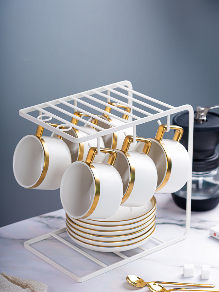 Matte White Ceramic Porcelain Coffee Tea Cups Saucers Sets With Gold Handle 250ml Volume
