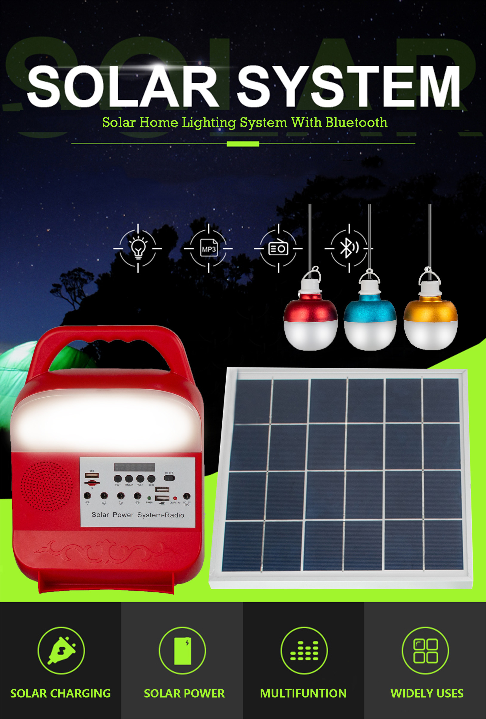 Home Portable Solar Light Kit Led Lighting System With Bluetooth