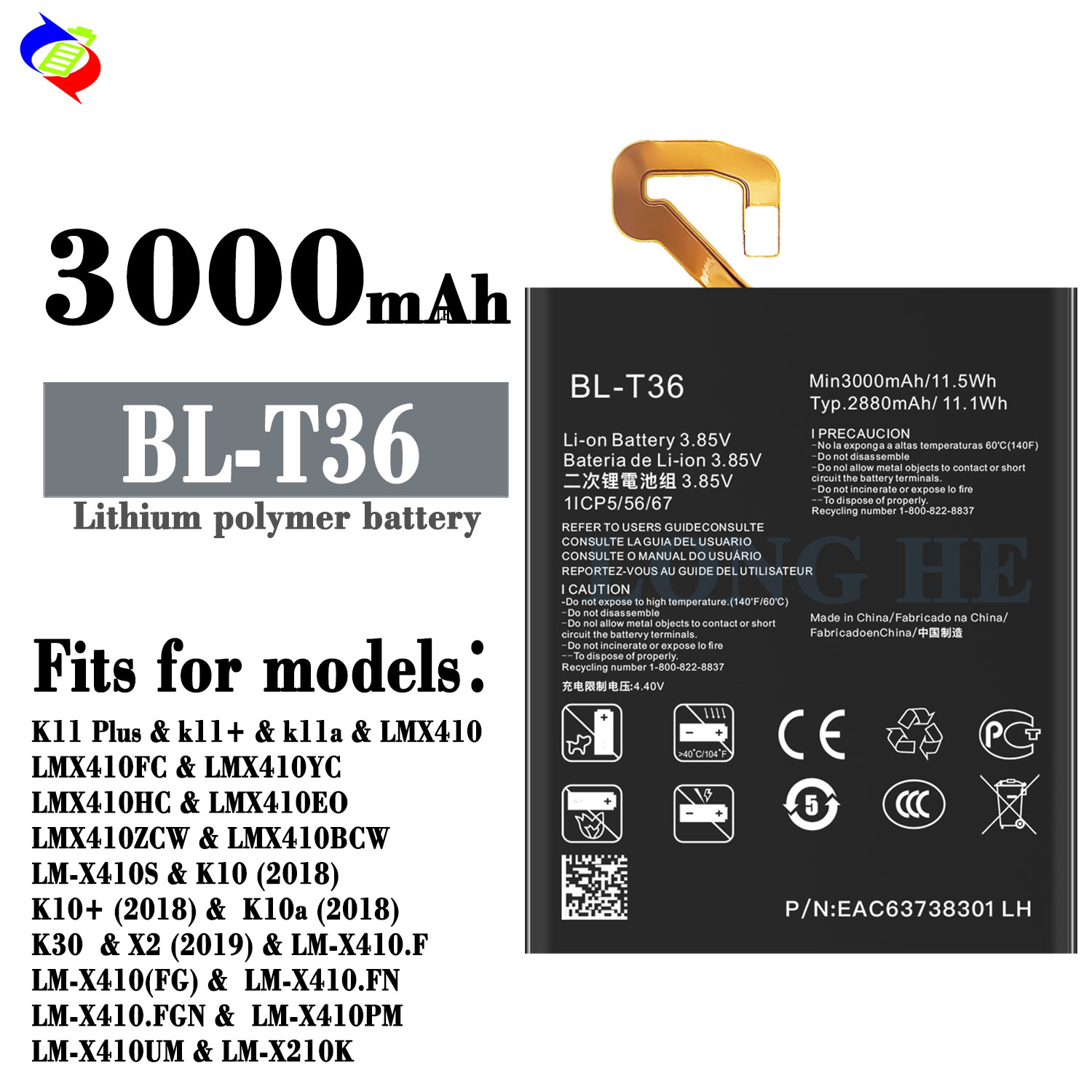 3.85V 3000mAh BL-T36 Replacement Battery for LG K30 X410TK Mobile Phone OEM/ODM
