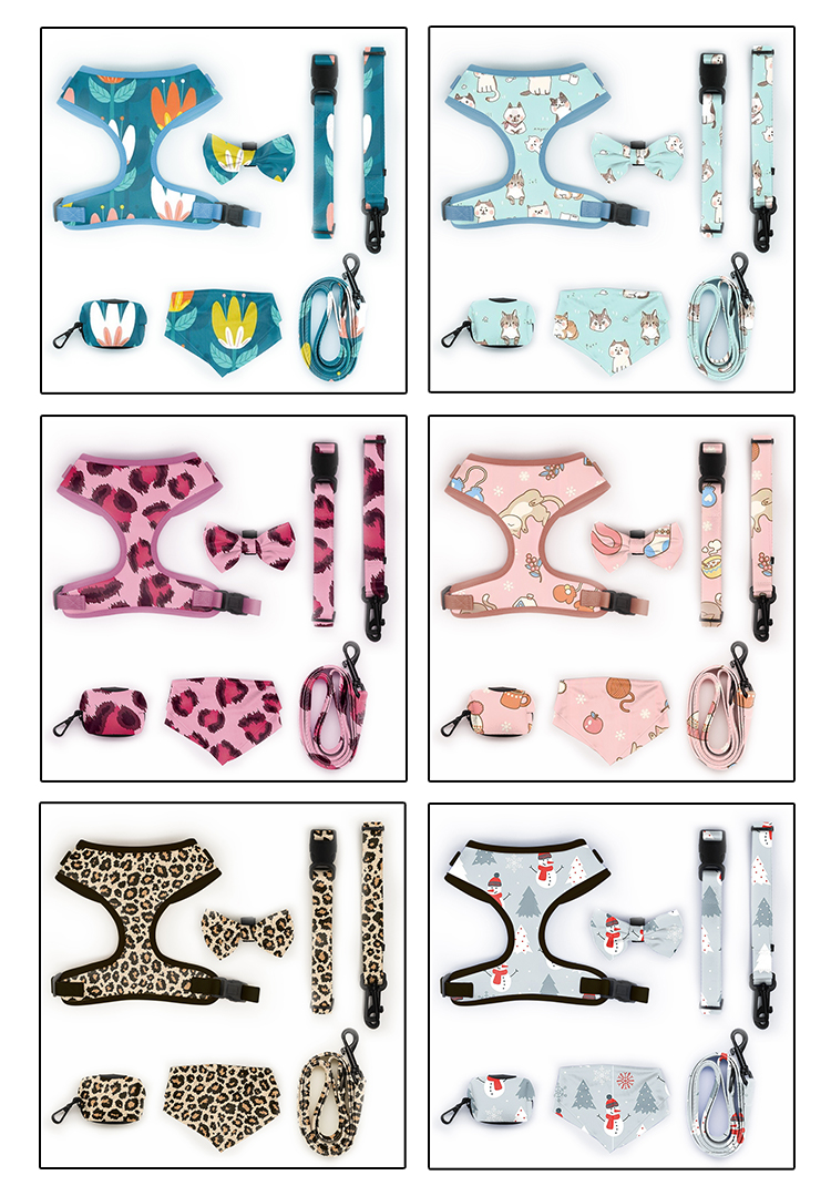 Polyester Leopard Print Pet Harness Sets Logo Adjustable Collar Leash Mesh Dog Harness