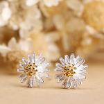 Two Tone Silver Plated Daisy Flower Stud Earrings Korea Style Fashion Jewelry