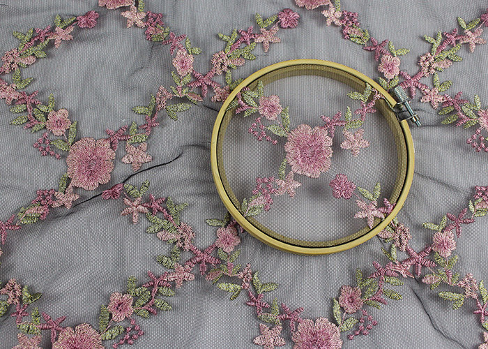Embroidered Tulle Multi Colored Lace Fabric Pink Peach Blossom Floral Flower Style